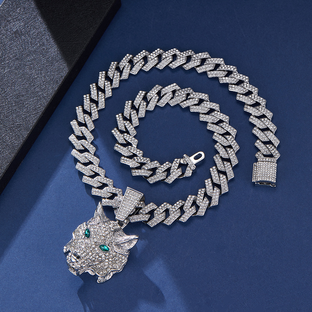 3D Animal Cat Pendant Zinc Alloy Full Diamond Oil Drop Hip Hop Cuban Chain Necklace