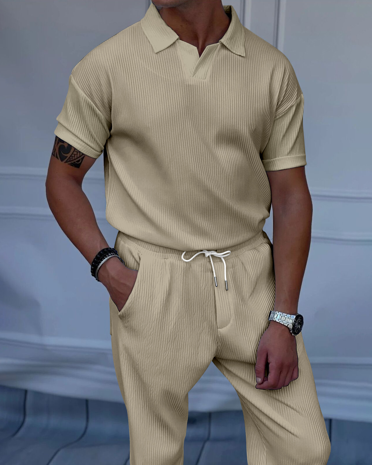Men's Luxury Casual Textured Polo Short Sleeve Suit - 094