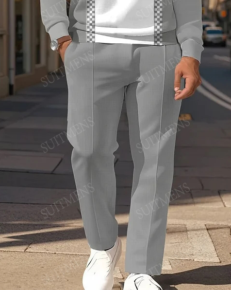 Men's Simple Grey And White Color Block Printed POLO Long-sleeved Trousers Two-piece Set