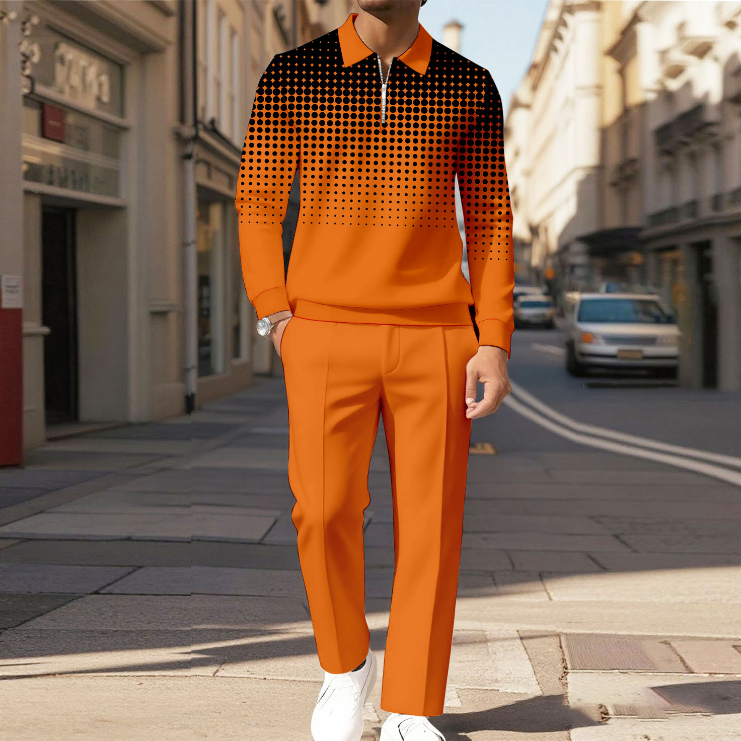 Men's Casual Color Matching Printed Polo-Collar Zipper Long Sleeved Trousers Two-Piece Set 117