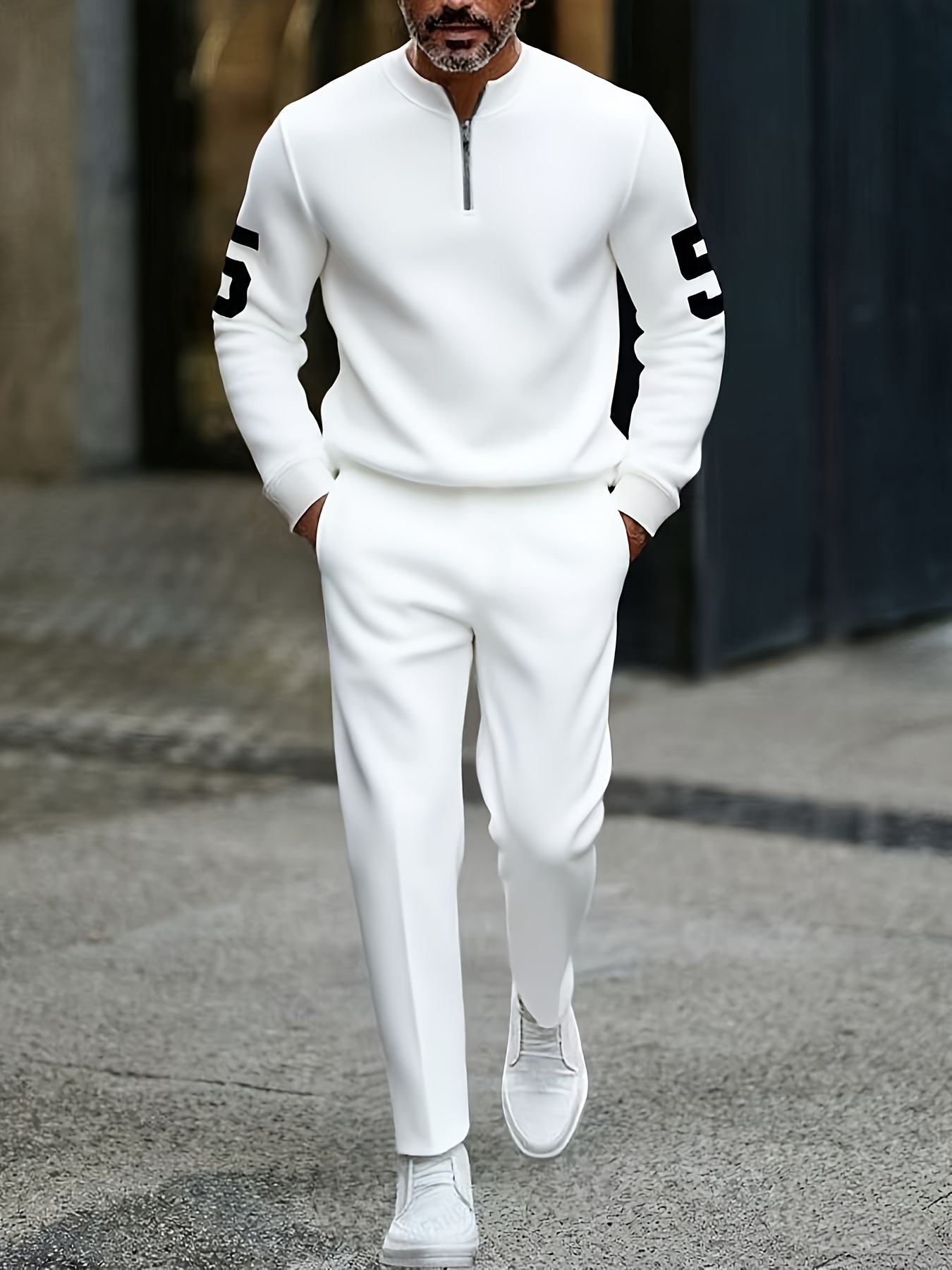 Men's Casual Color Matching Printed Round-Neck Zipper Long Sleeved Trousers Two-Piece Set 1218