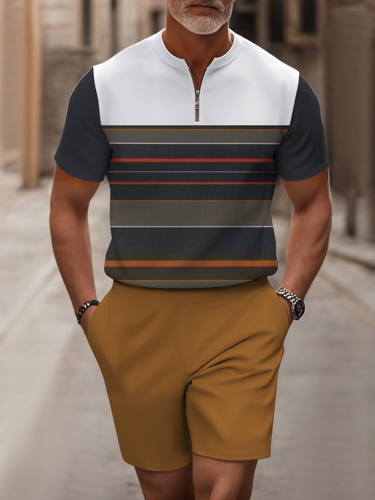 Men's fashion casual round-neck zipper geometric printed short-sleeved two-piece set