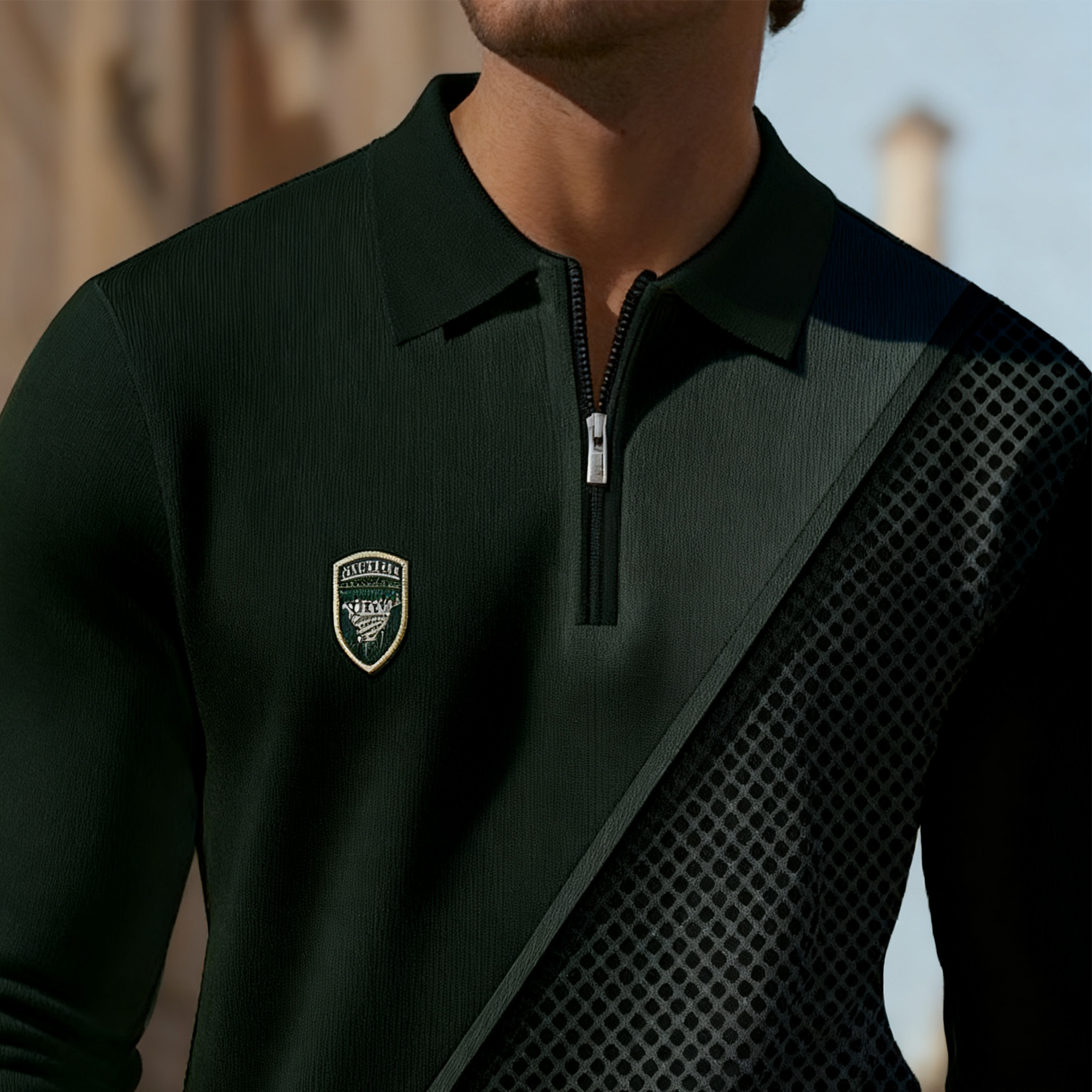 Men's Casual Color Matching Printed Polo-Collar Zipper Long Sleeved Trousers Two-Piece Set 1014