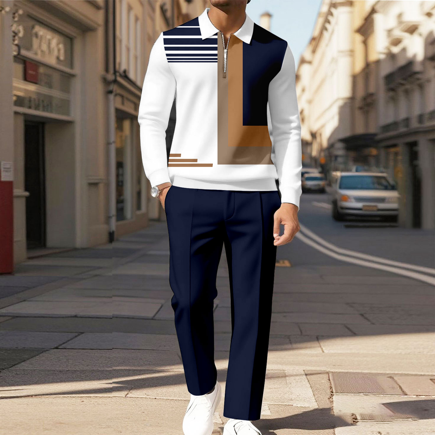 Men's Casual Color Matching Striped Printed Polo-Collar Zipper Long Sleeved Trousers Navy Blue Two-Piece Set 