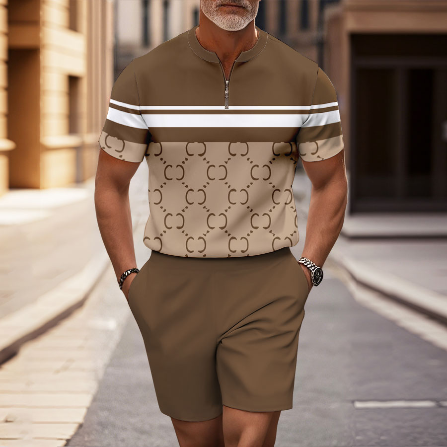 Men's Fashion Casual Round-Neck Geometric Printed Short-Sleeved Two-Piece Set 951