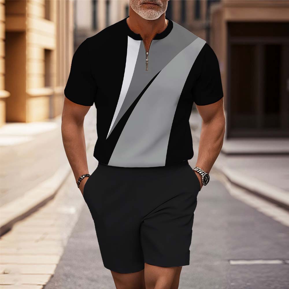 Men's Fashion Casual Round-Neck Geometric Printed Short-Sleeved Two-Piece Set 8261