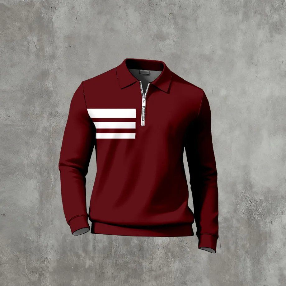 Men's Casual Color Matching Printed Polo-Collar Zipper Long Sleeved T-Shirts