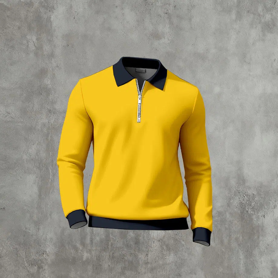 Men's Casual Color Matching Printed Polo-Collar Zipper Long Sleeved T-Shirts