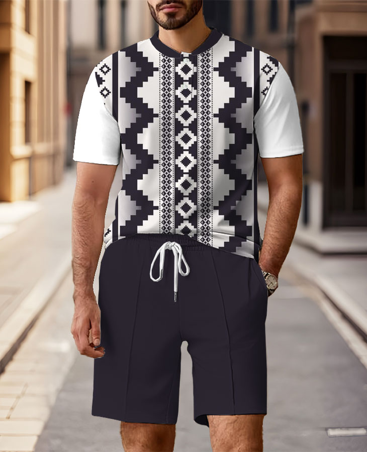 Men's Fashion Casual Round-Neck Geometric Printed Short-Sleeved Two-Piece Set
