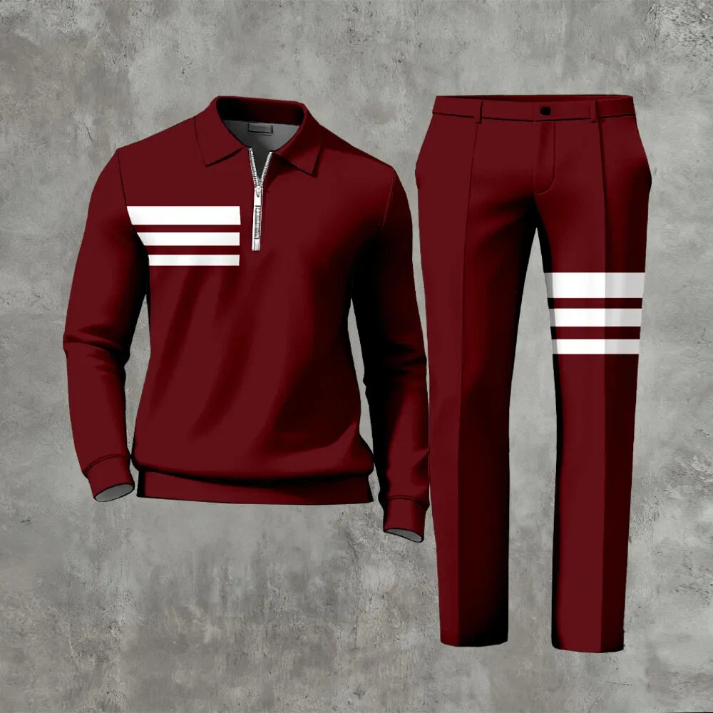 Men's Casual Color Matching Printed Polo-Collar Zipper Long Sleeved Trousers Two-Piece Set 1020