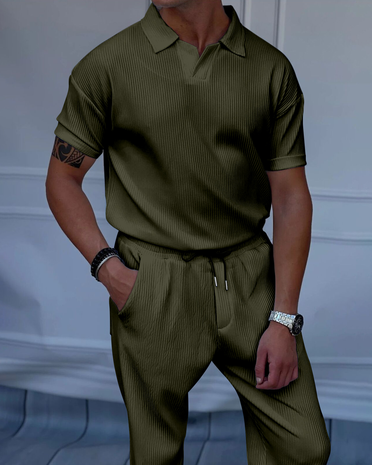 Men's Luxury Casual Textured Polo Short Sleeve Suit - 094