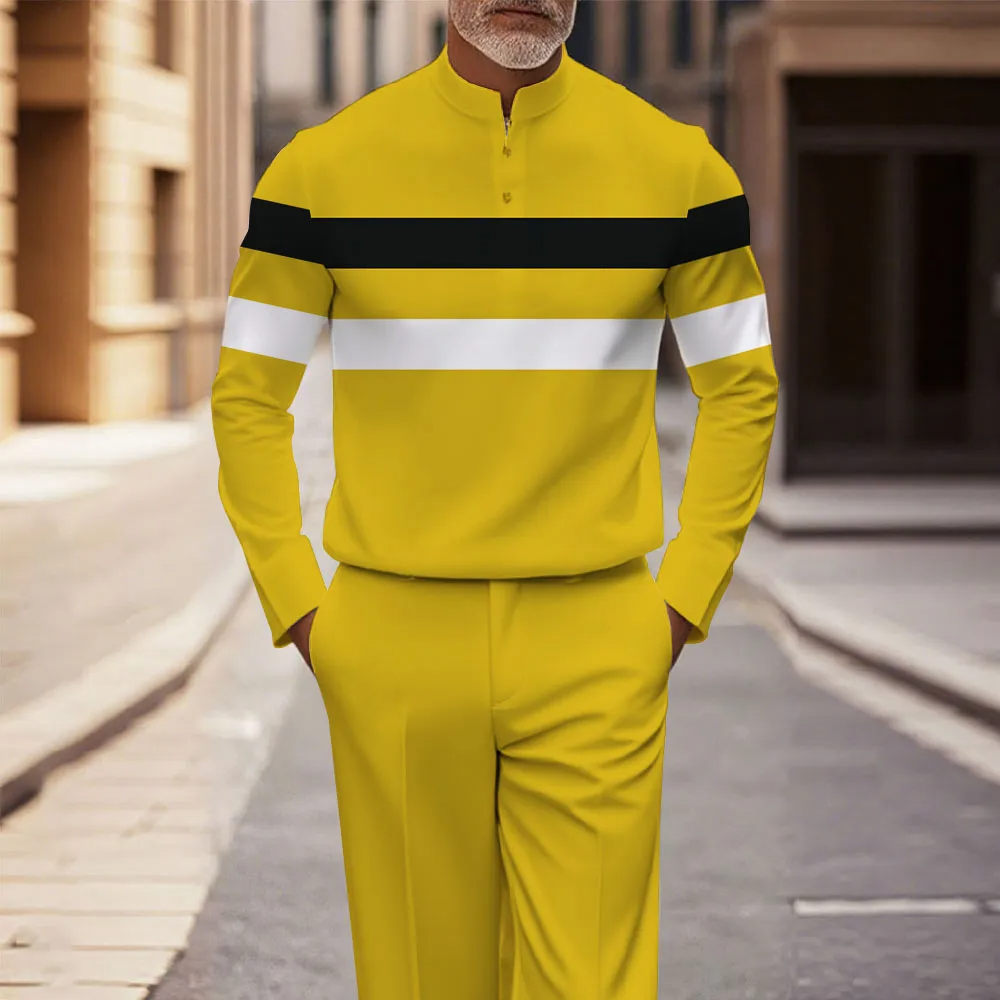 Men's Casual Color Matching Printed Stand-Collar Long Sleeved Trousers Two-Piece Set