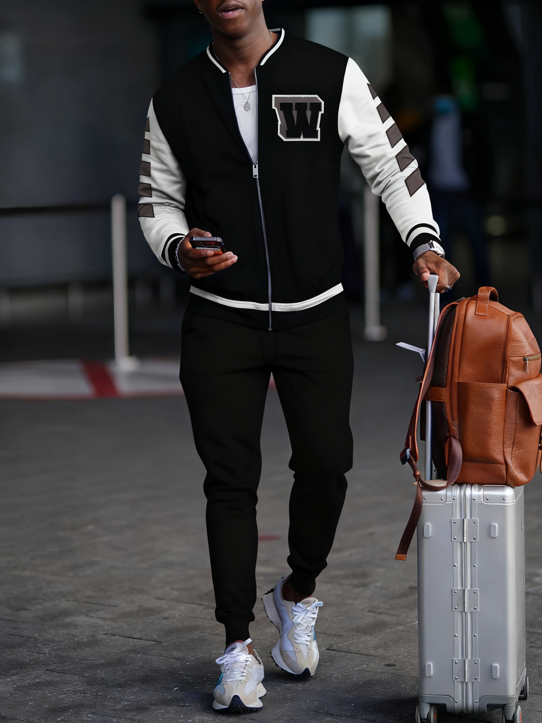 Men's fashion casual geometric print zipper jacket set