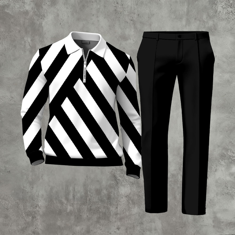 Men's casual black and white striped print zip-up long-sleeved polo shirt and black trousers two-piece set