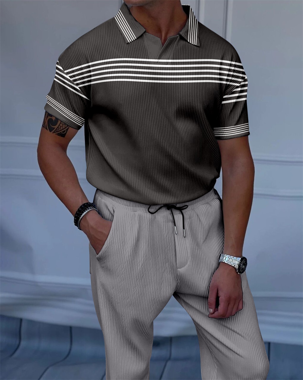 Men's Luxury Casual Textured Polo Short Sleeve Suit - 082