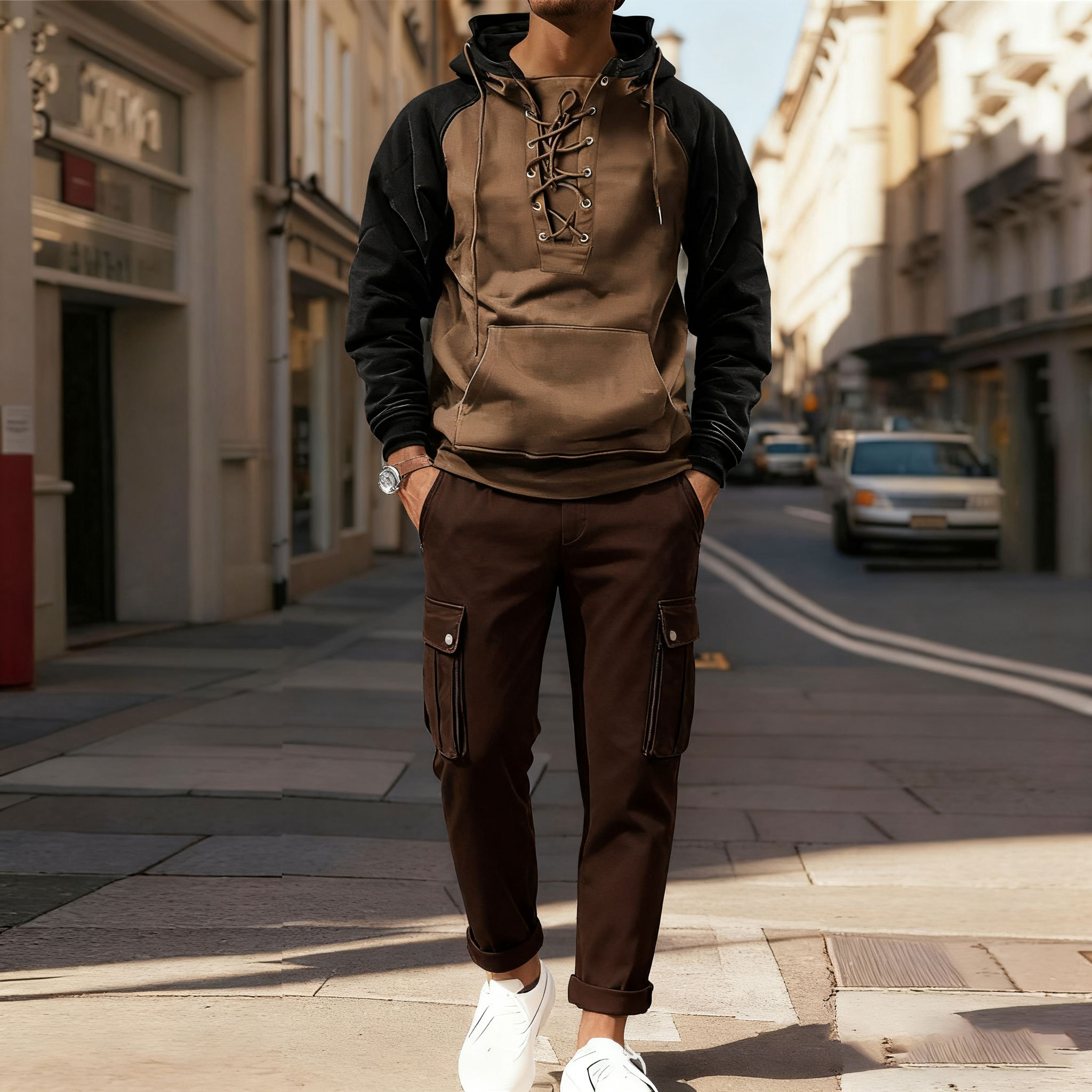 Men's Casual Color Matching Stand-Collar Zipper Long Sleeved Hoodies