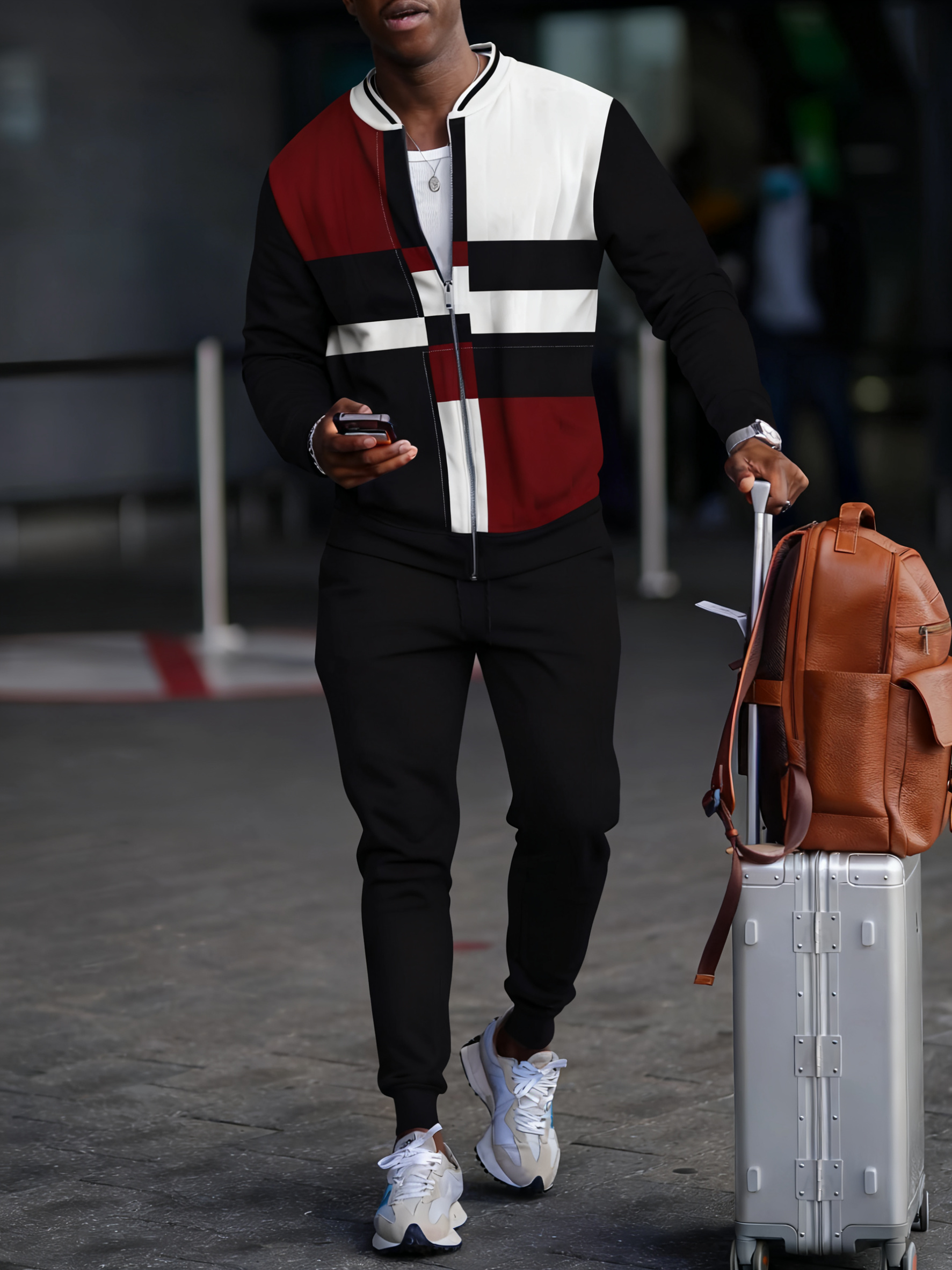 Men's fashion casual geometric print zipper jacket set