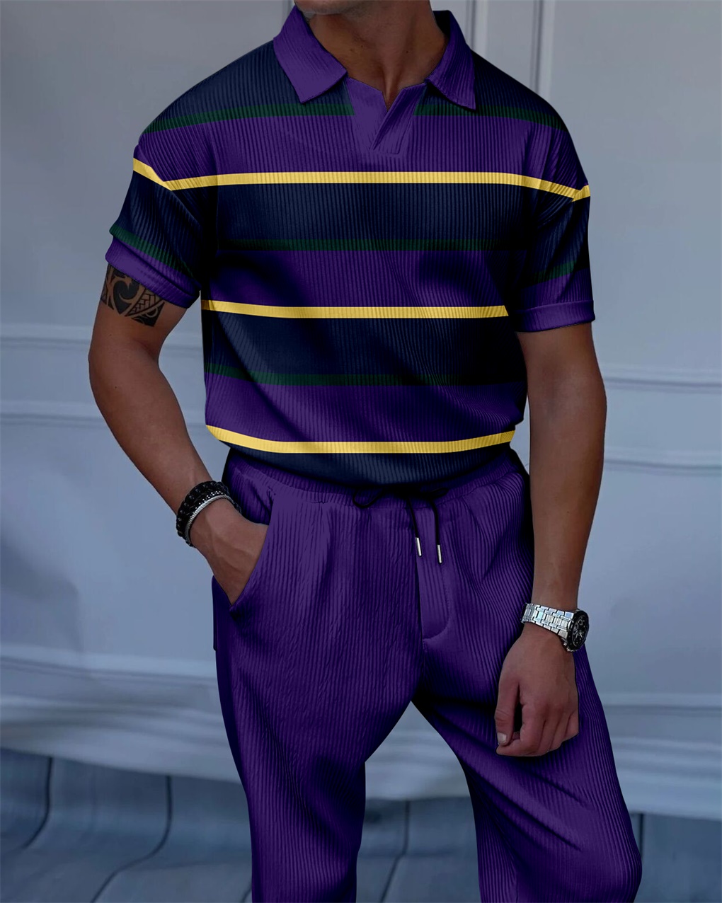 Men's Luxury Casual Textured Polo Short Sleeve Suit - 083