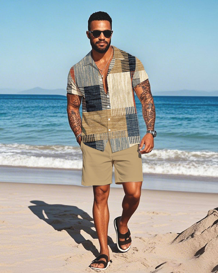 Men's Fashion Casual Lapel Collar Geometric Printed Short-Sleeved Two-Piece Set