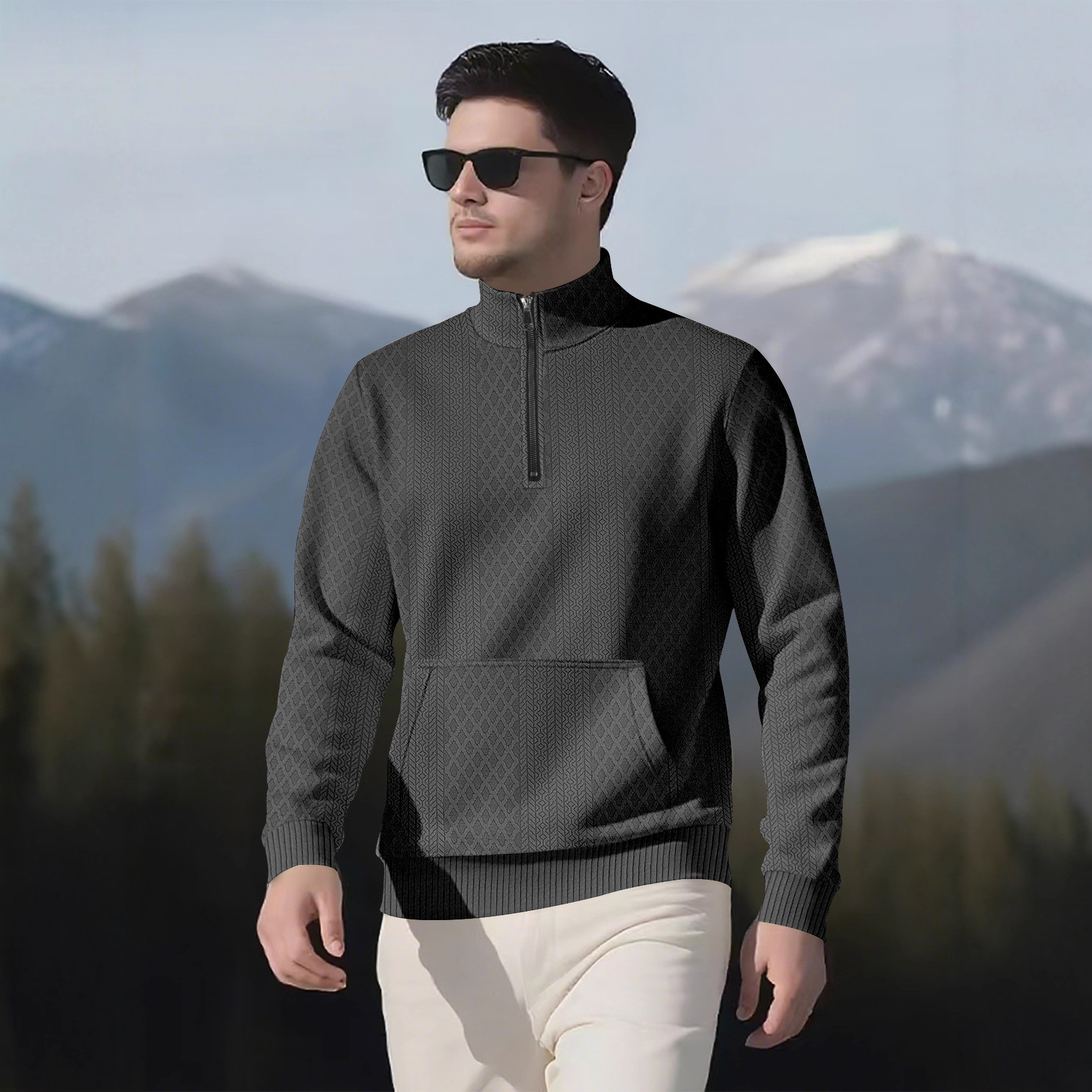 Men's Solid Color Waffle High-Neck Pocket Long Sleeved Sweatshirts