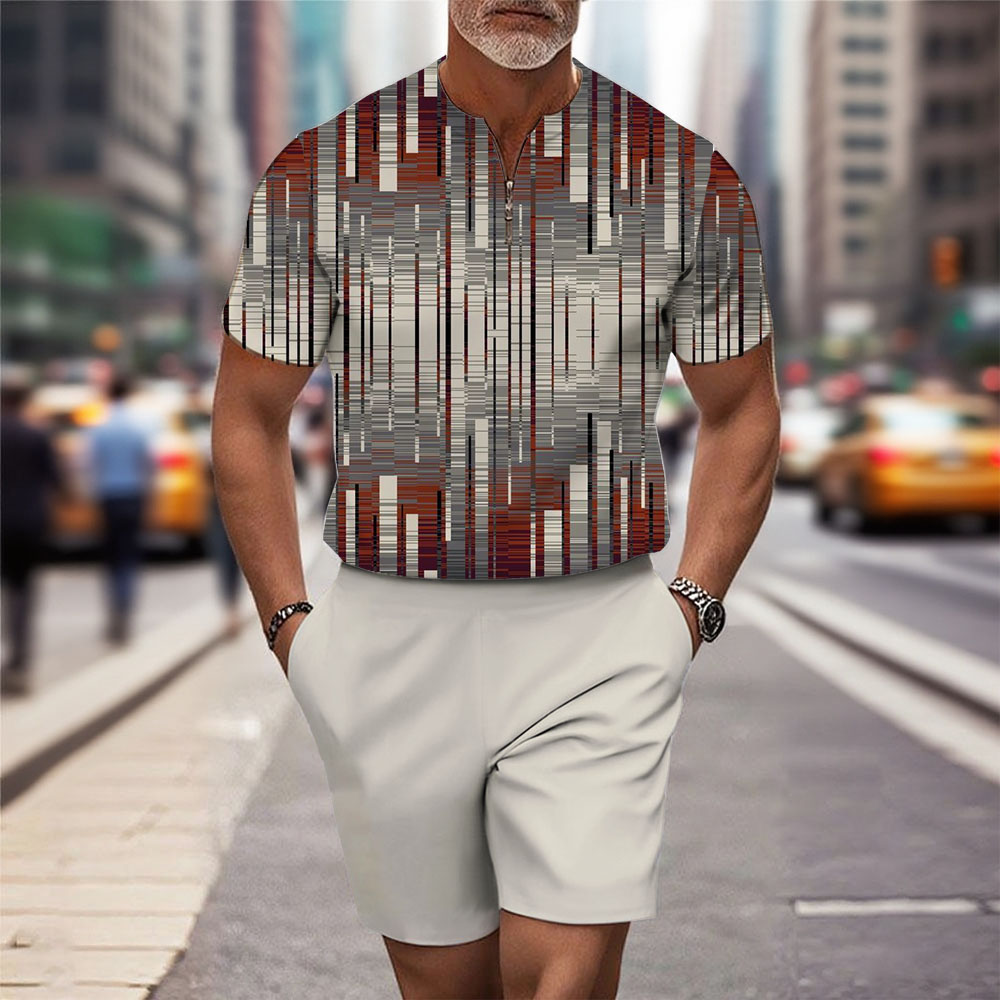Men's Fashion Casual Round-Neck Geometric Printed Short-Sleeved Two-Piece Set