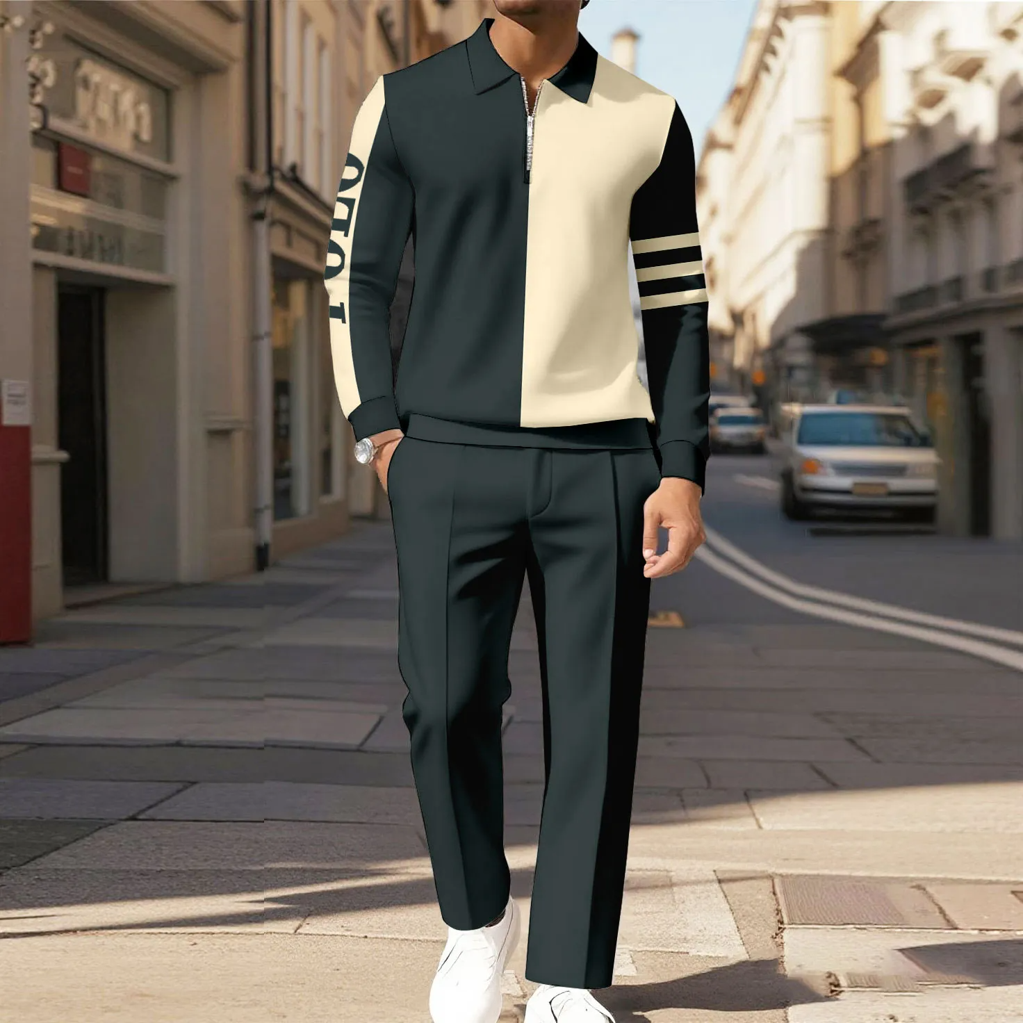 Men's Casual Color Matching Printed Polo-Collar Zipper Long Sleeved Trousers Two-Piece Set 930