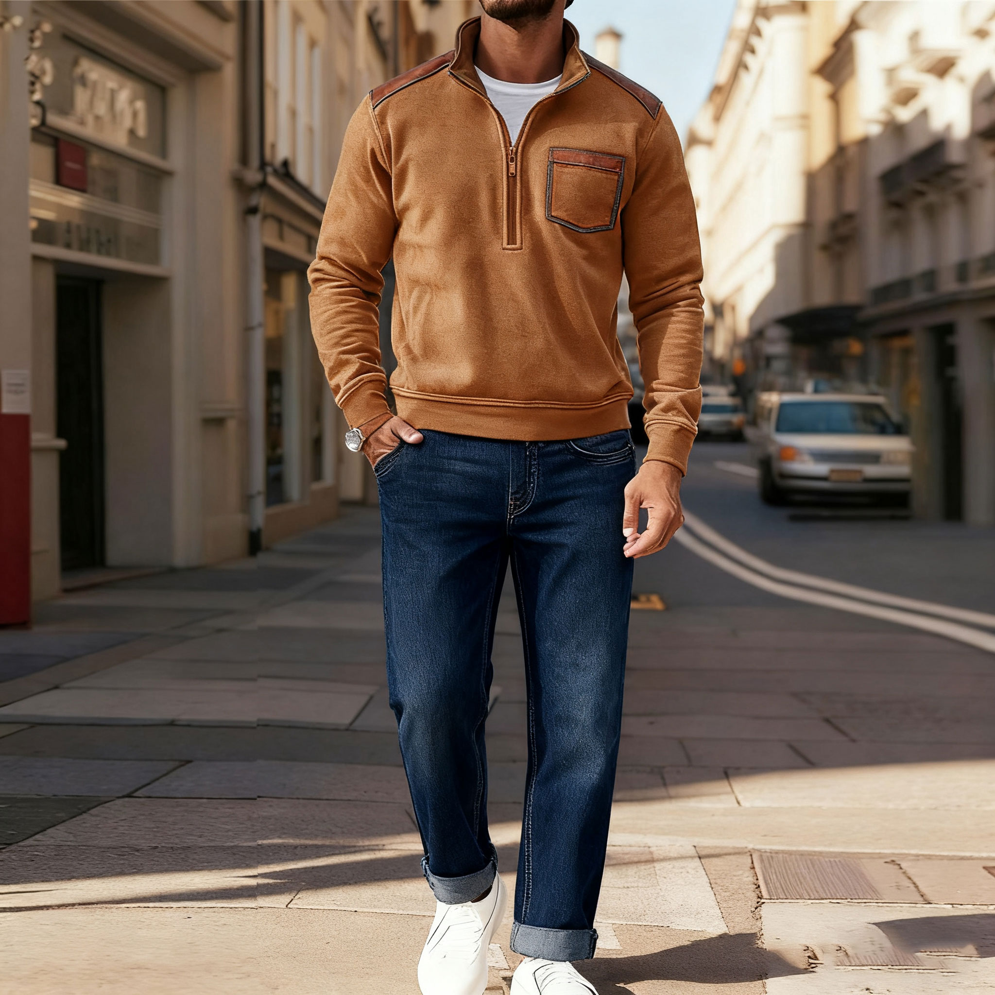 Men's Casual Color Matching Printed Stand-Collar Zipper Long Sleeved Sweatshirt