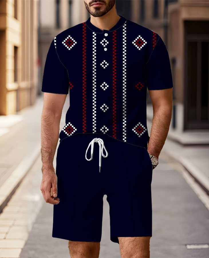 Men's Fashion Casual Round-Neck Geometric Printed Short-Sleeved Two-Piece Set