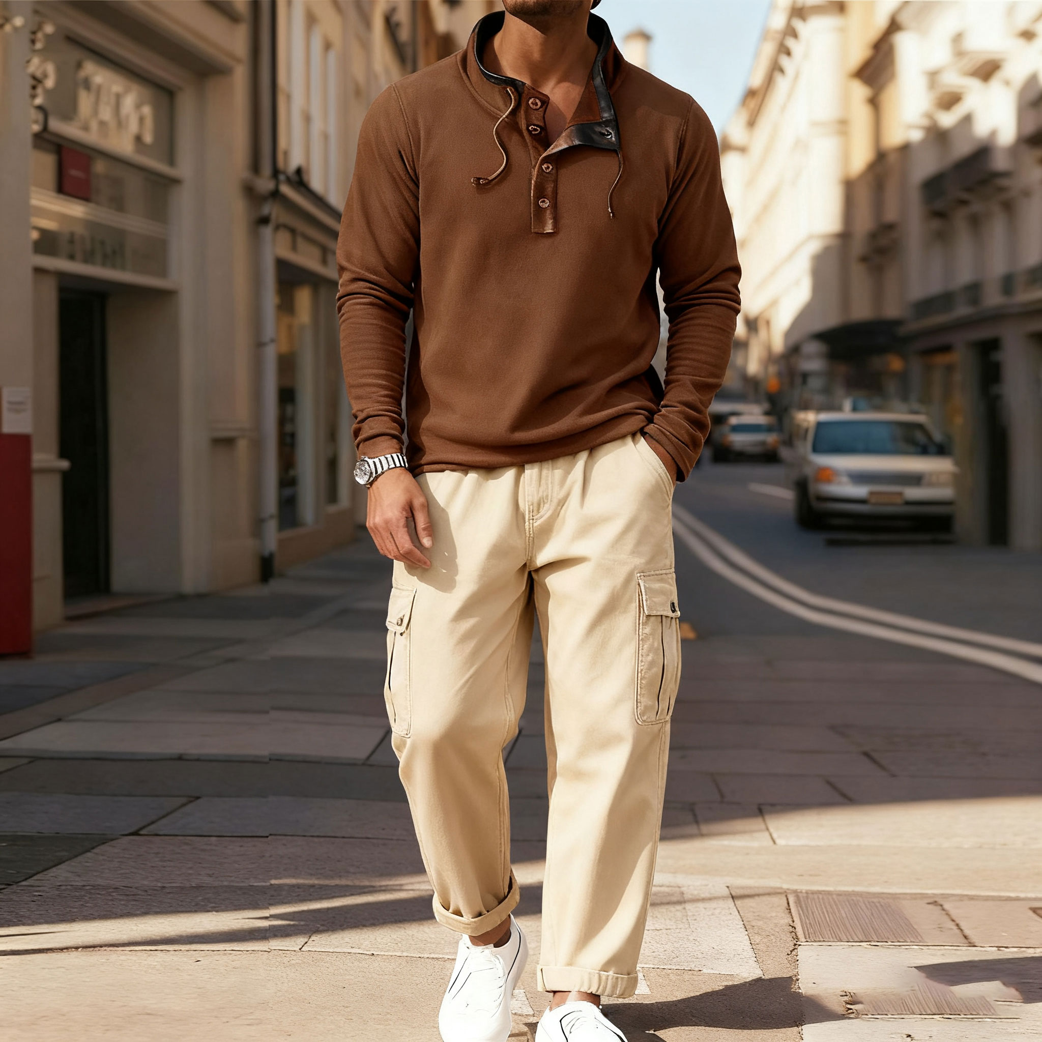 Men's Casual Color Matching Printed Stand-Collar Zipper Long Sleeved Sweatshirt