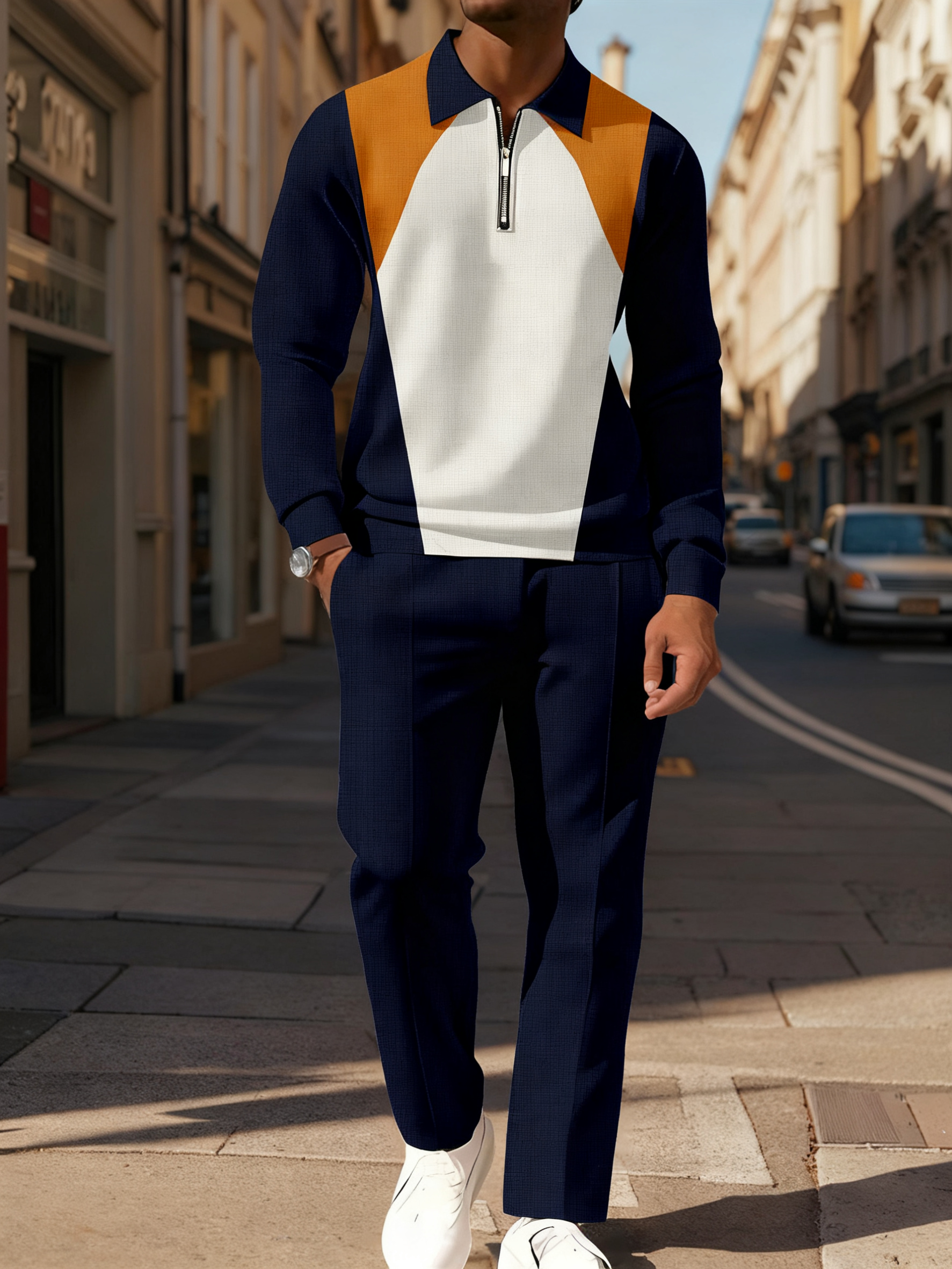 Men's Casual Colorblock Personalized Long Sleeve Polo Shirt Set 107