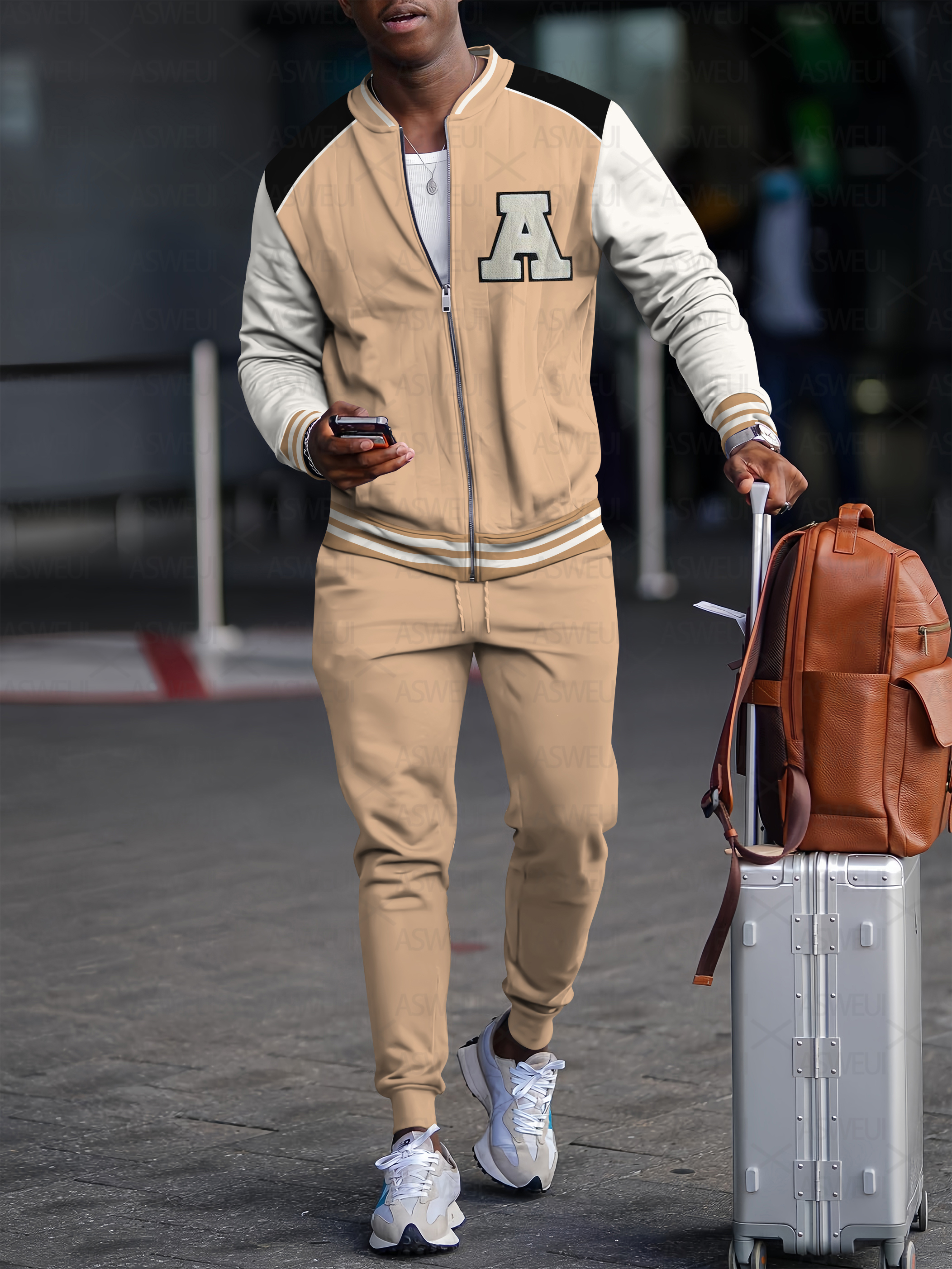 Men's fashion casual geometric print zipper jacket set