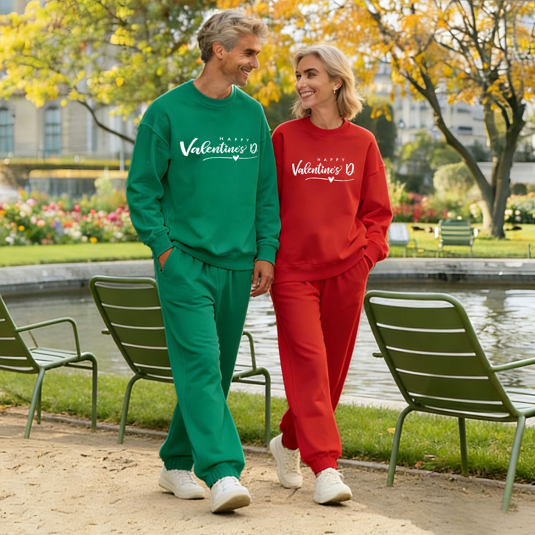 Valentine's Day Green & Red Color Matching Long Sleeved Sweatshirt & Sweatpant Two-Piece Set