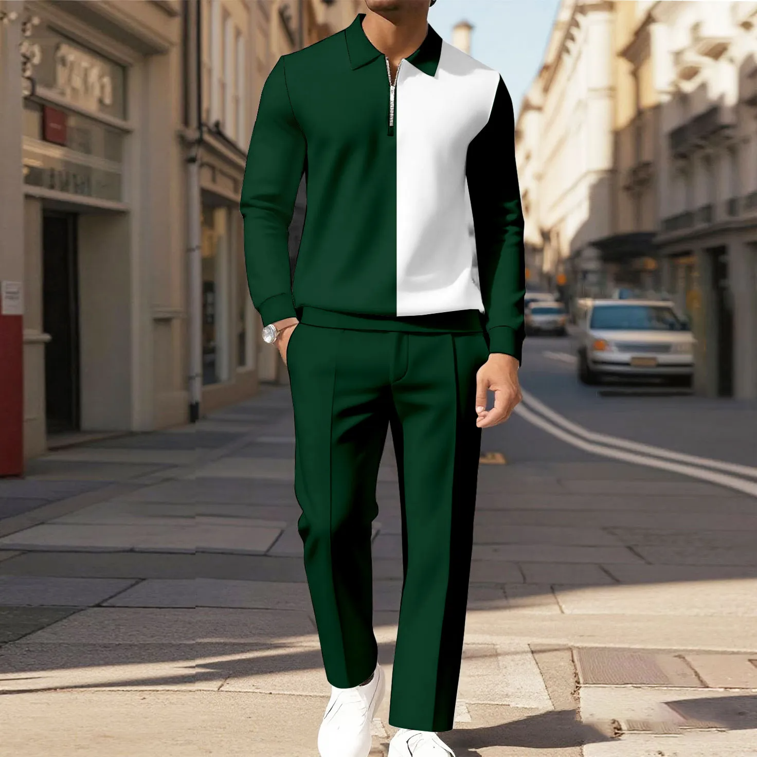 Men's Casual Color Matching Printed Polo-Collar Zipper Long Sleeved Trousers Two-Piece Set