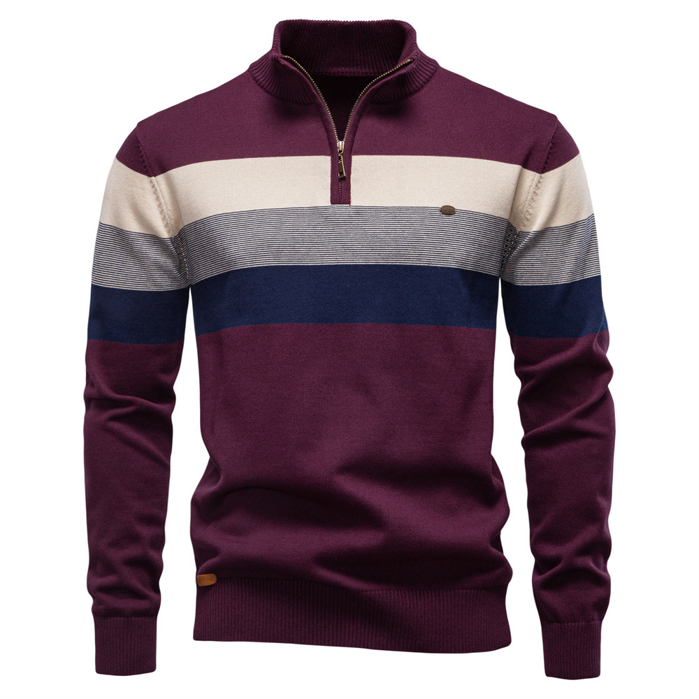 Men's Contrast Color Stand Collar Zip Long Sleeve Fleece Sweatshirt