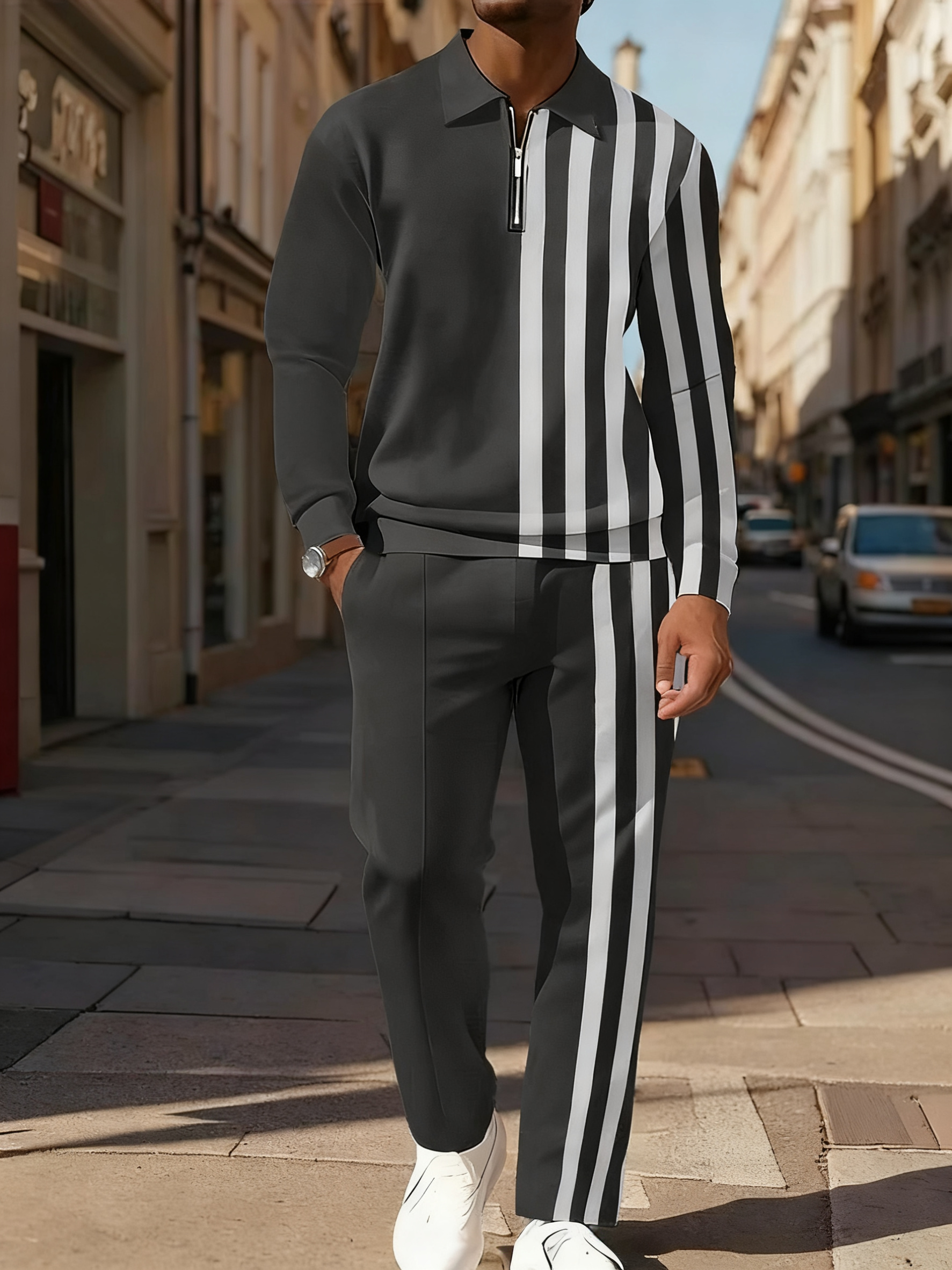 Men's Simple Stripes Black White Printed POLO Long-sleeved Trousers Two-piece Set