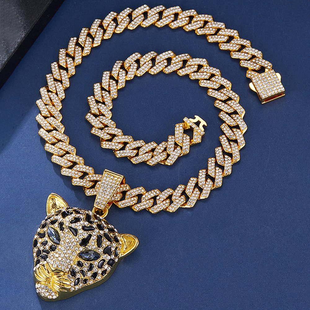3D Animal Cat Pendant Zinc Alloy Full Diamond Oil Drop Hip Hop Cuban Chain Necklace