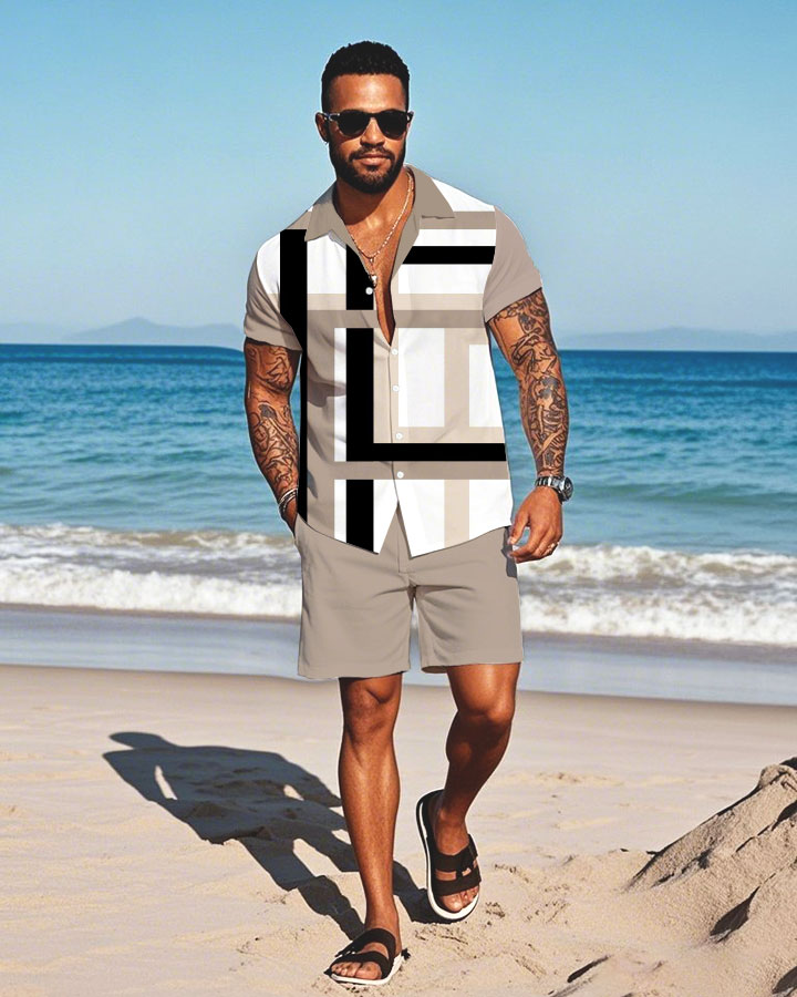 Men's Fashion Casual Lapel Collar Geometric Printed Short-Sleeved Two-Piece Set