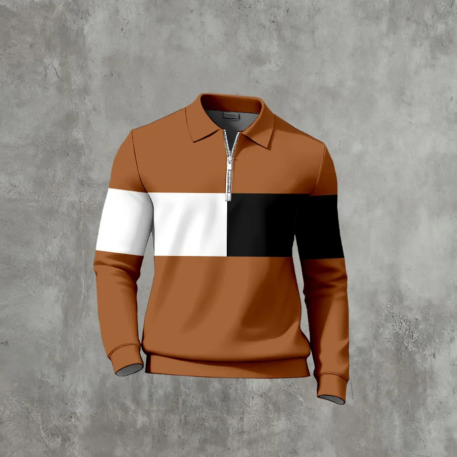 Men's Casual Color Matching Printed Polo-Collar Zipper Long Sleeved T-Shirts