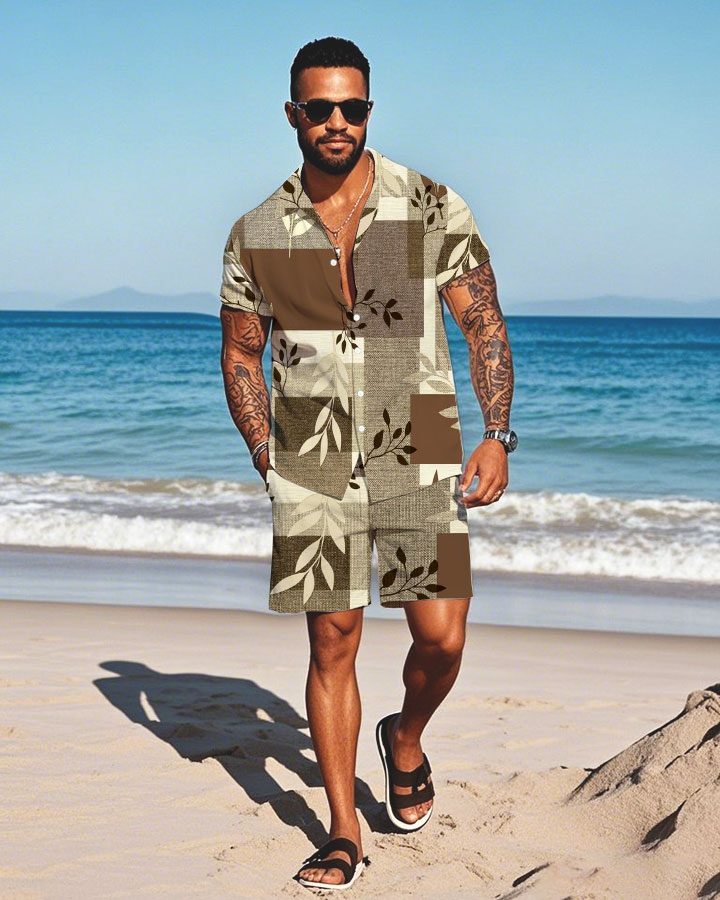Men's Fashion Casual Lapel Collar Geometric Printed Short-Sleeved Two-Piece Set