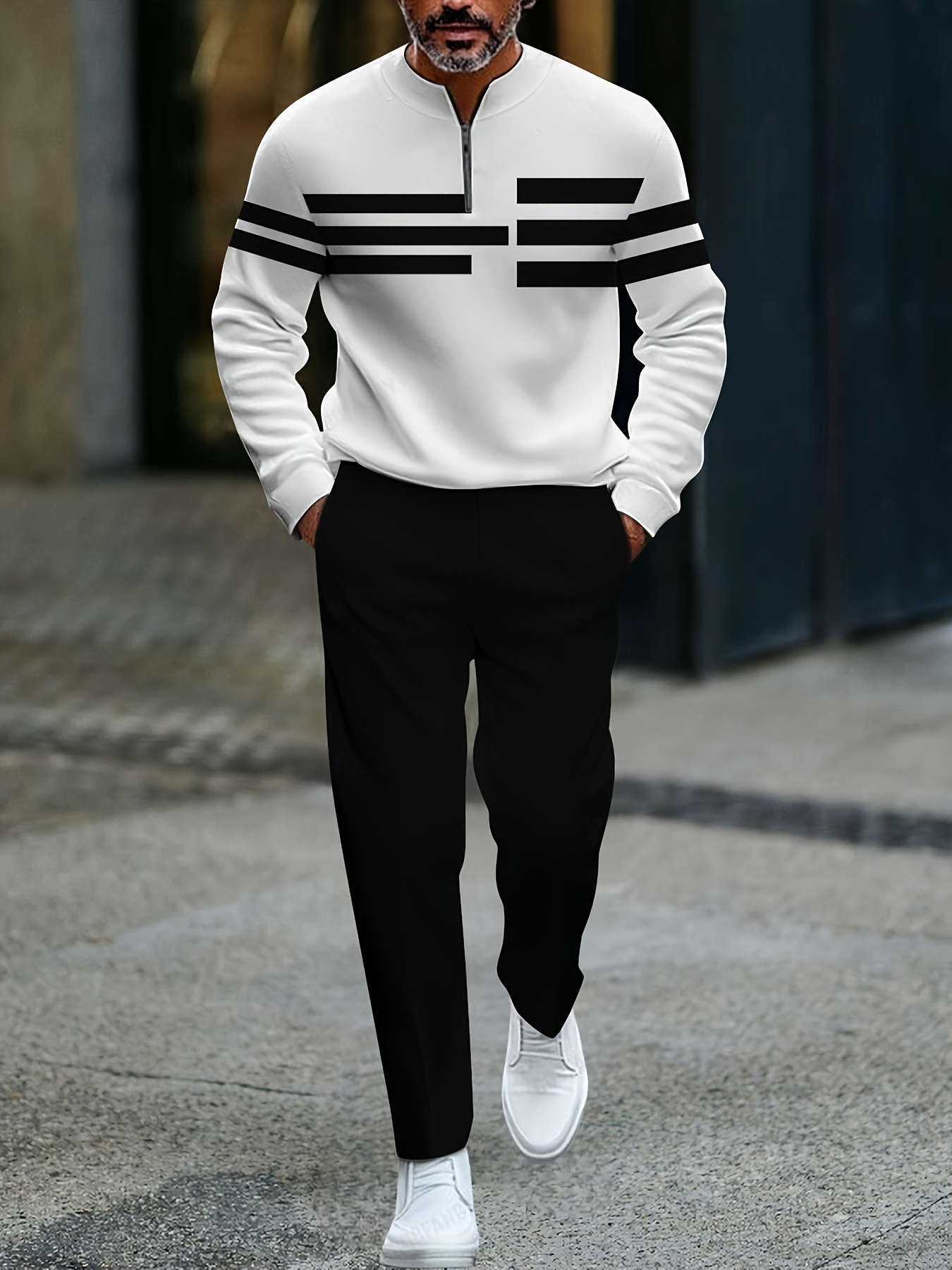 Men's Casual Color Matching Printed Round-Neck Zipper Long Sleeved Trousers Two-Piece Set 1218