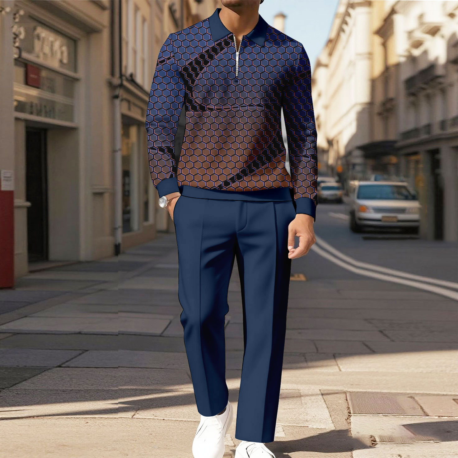 Men's Casual Color Matching Printed Polo-Collar Zipper Long Sleeved Trousers Two-Piece Set 930