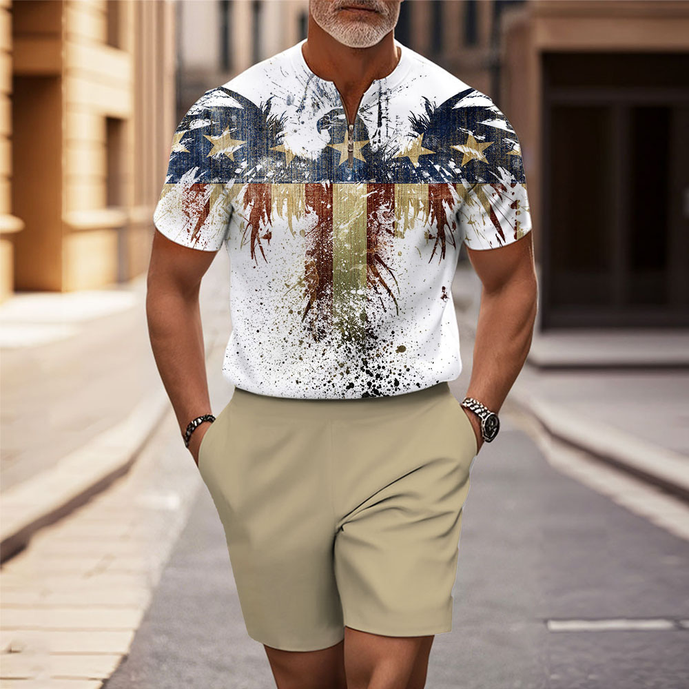 Men's Fashion Casual Round-Neck Geometric Printed Short-Sleeved Two-Piece Set