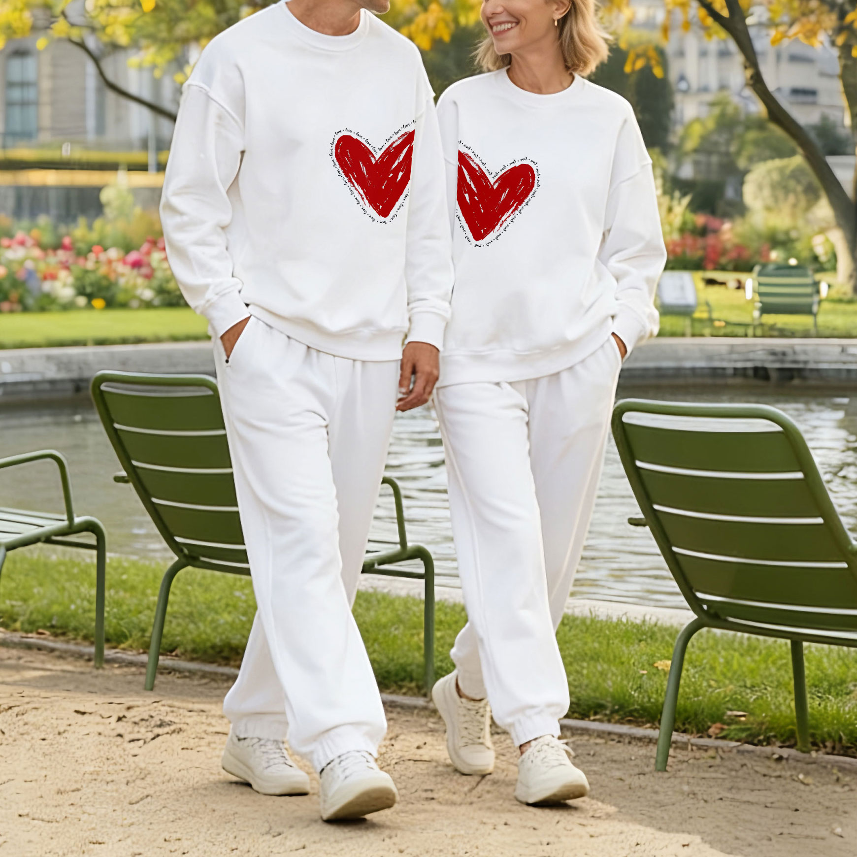 Valentine's Day White & Red Heart Color Matching Long Sleeved Sweatshirt & Sweatpant Two-Piece Set
