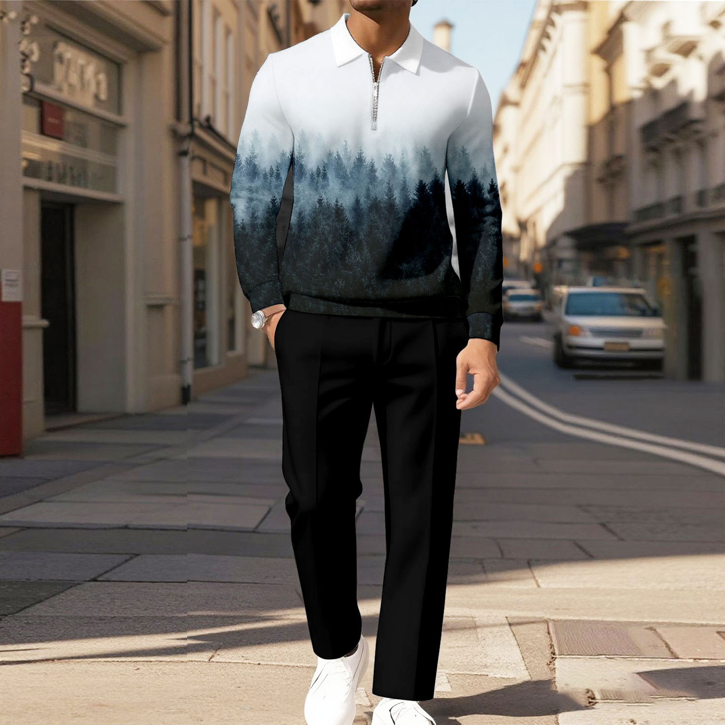 Men's Casual Color Matching Printed Polo-Collar Zipper Long Sleeved Trousers Two-Piece Set 1014