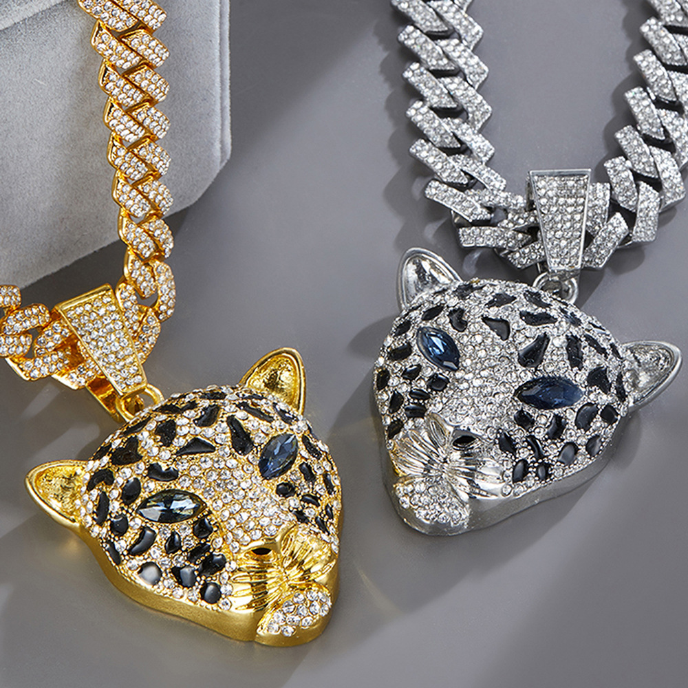 3D Animal Cat Pendant Zinc Alloy Full Diamond Oil Drop Hip Hop Cuban Chain Necklace