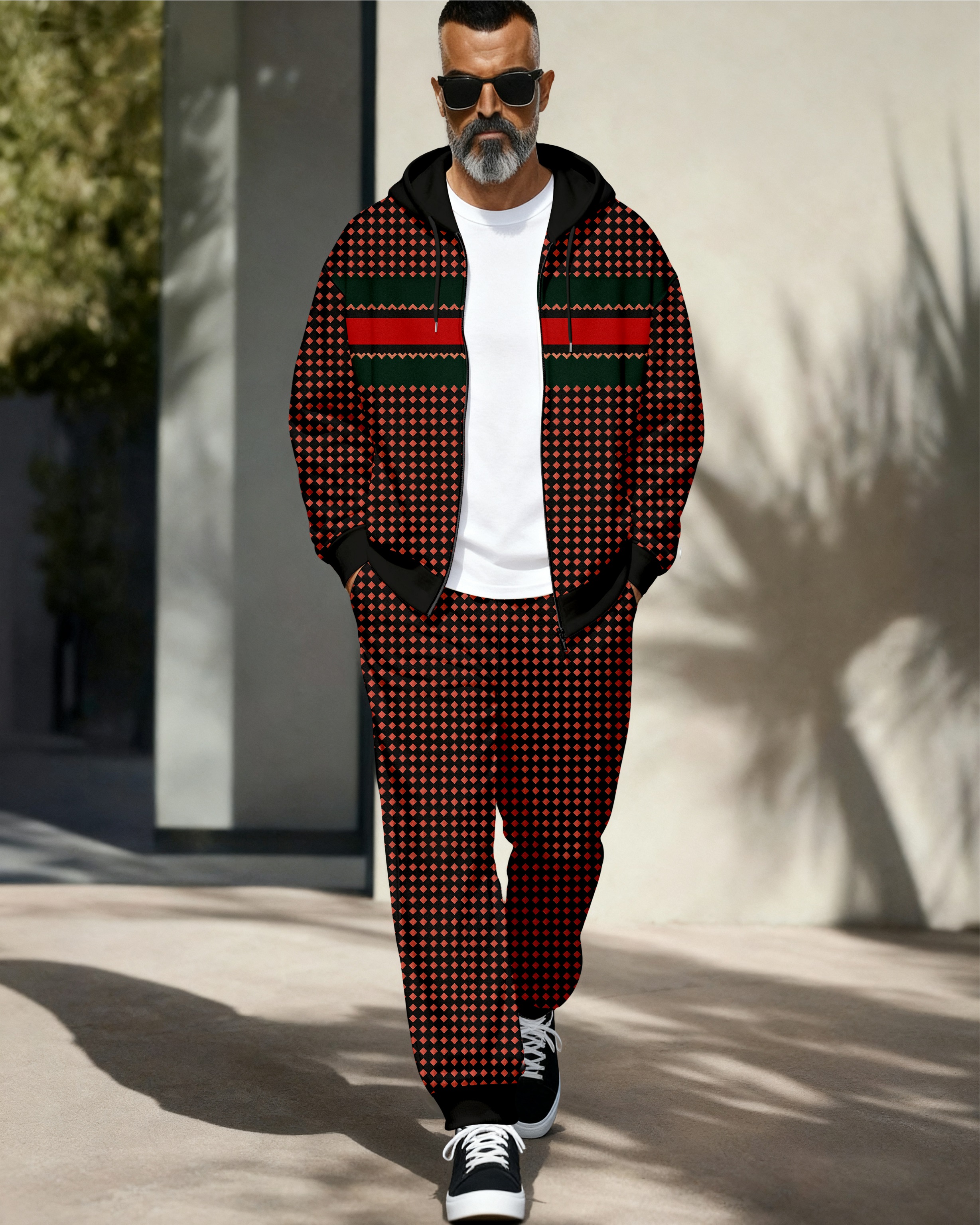 Men's Men's Retro Luxury Thickened Fleece Colorblock Jacket Sports Hoodie Set 03