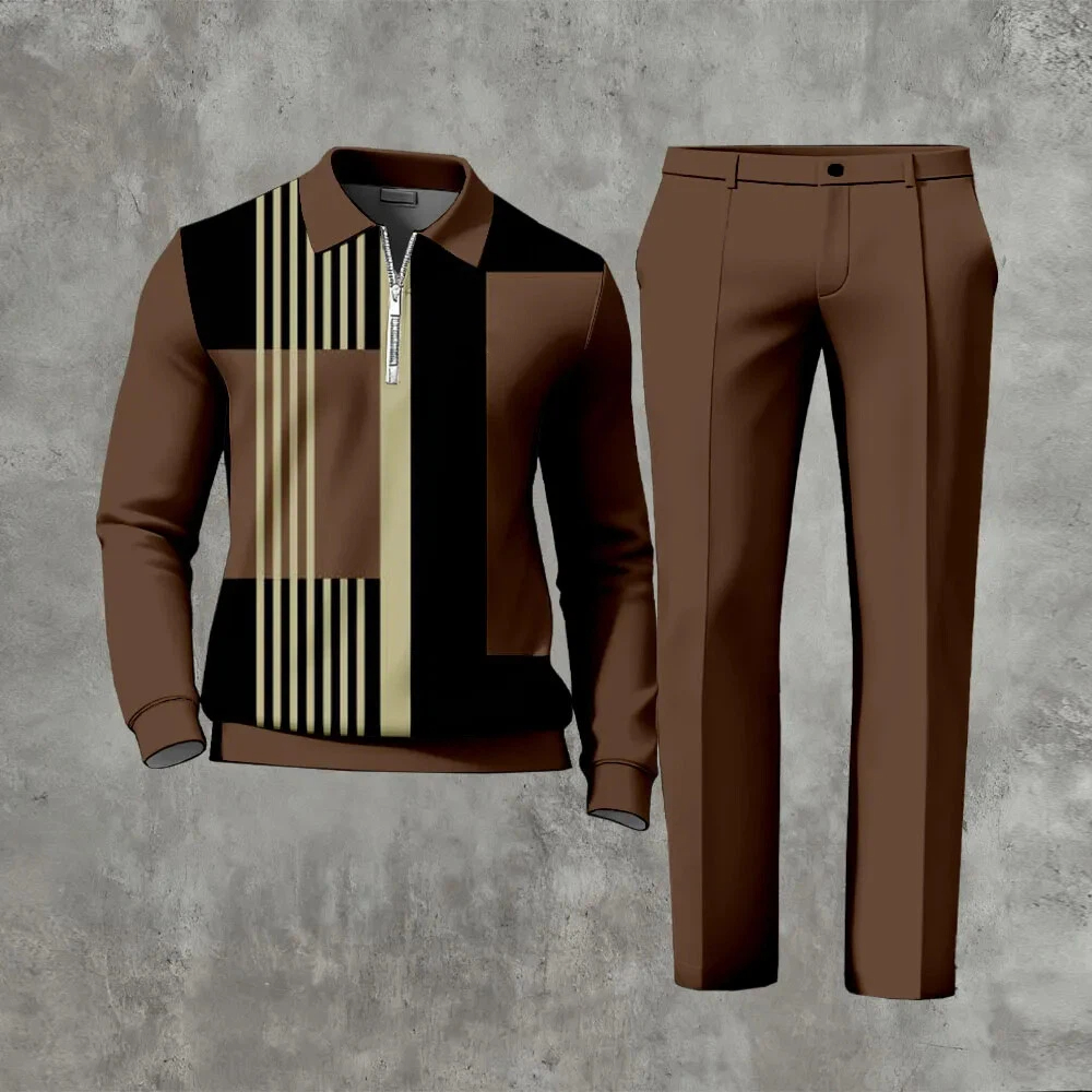 Men's Casual Color Matching Printed Polo-Collar Zipper Long Sleeved Trousers Two-Piece Set