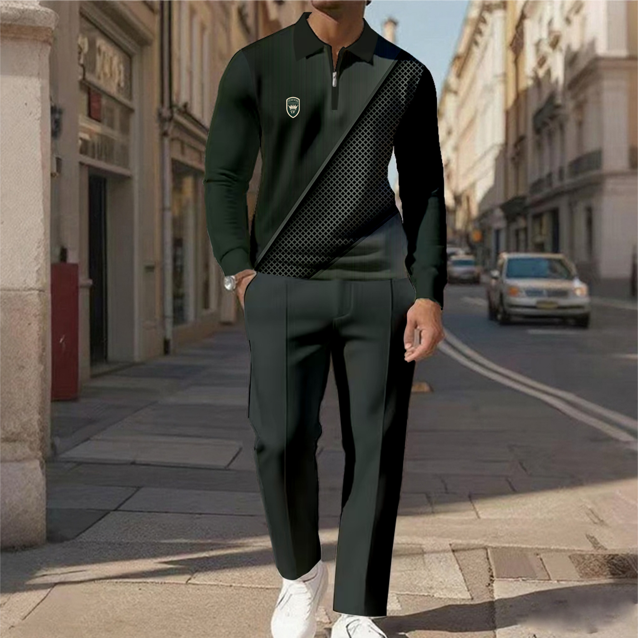 Men's Casual Color Matching Printed Polo-Collar Zipper Long Sleeved Trousers Two-Piece Set 1014