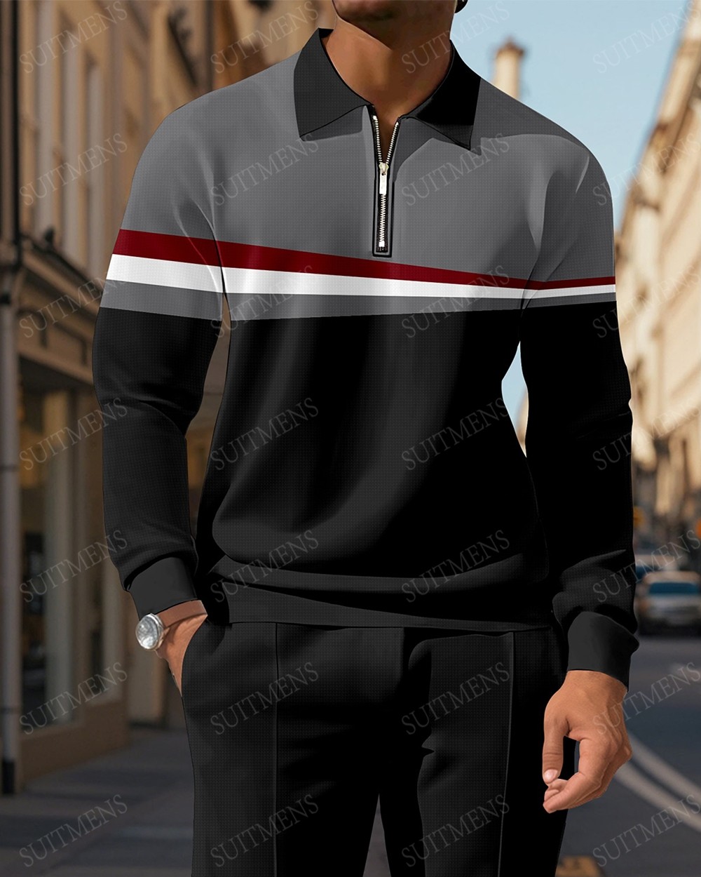 Men's Casual Colorblock Personalized Long Sleeve Polo Shirt Set  0010