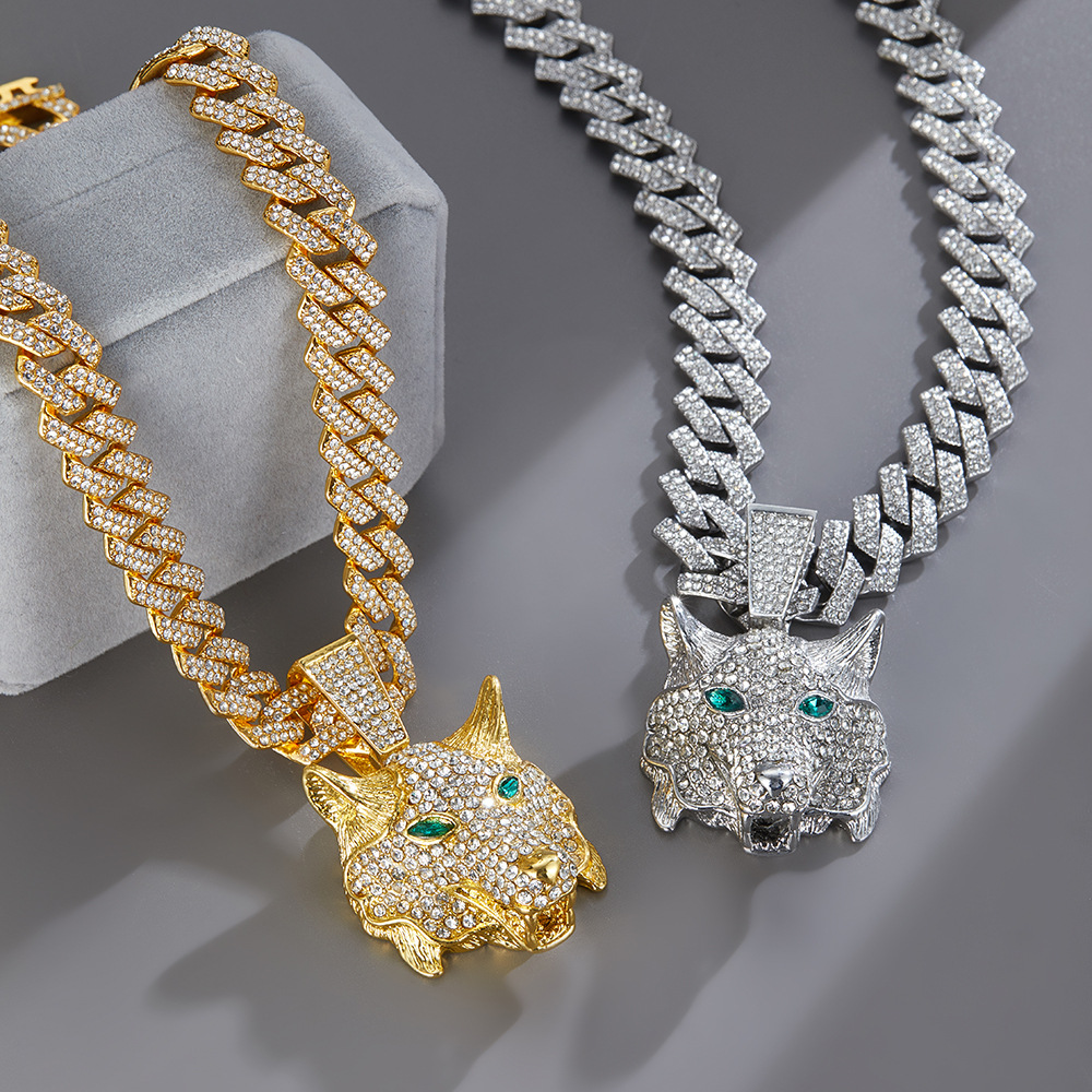 3D Animal Cat Pendant Zinc Alloy Full Diamond Oil Drop Hip Hop Cuban Chain Necklace